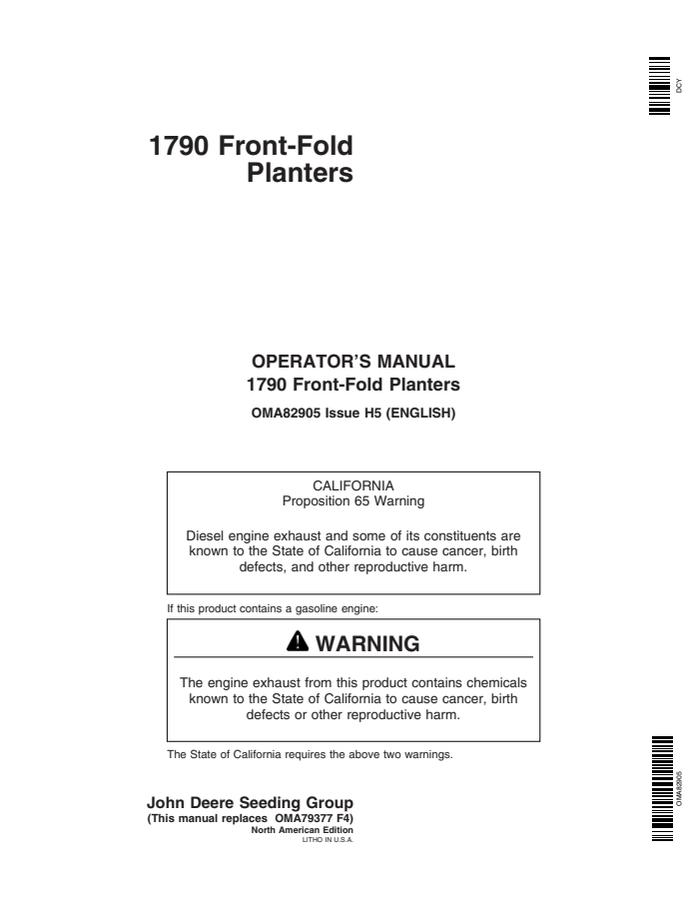 John Deere 1790 Front-Fold Planter Operator manual OMA82905 — actual manual cover