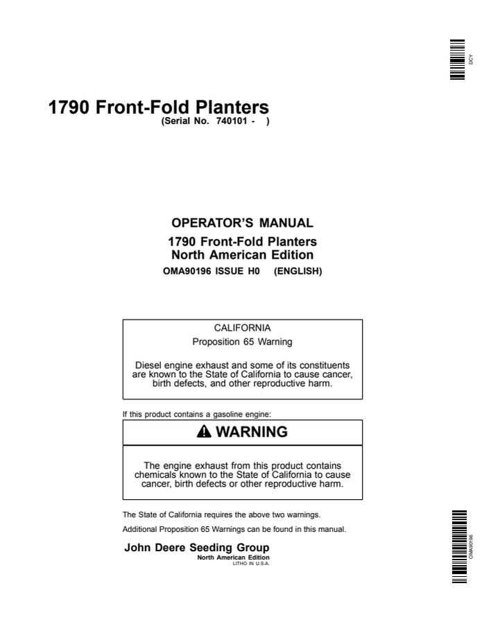 John Deere 1790 Front-Fold Planter Operator manual OMA90196 — actual manual cover