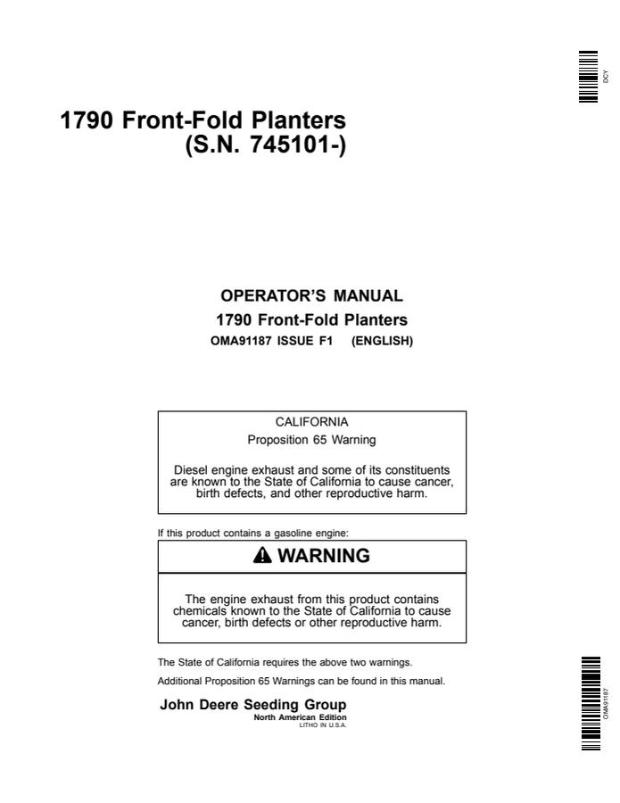 John Deere 1790 Front-Fold Planter Operator manual OMA91187 — actual manual cover