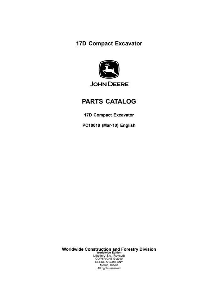 John Deere 17D Compact Excavator Parts Catalog — actual manual cover