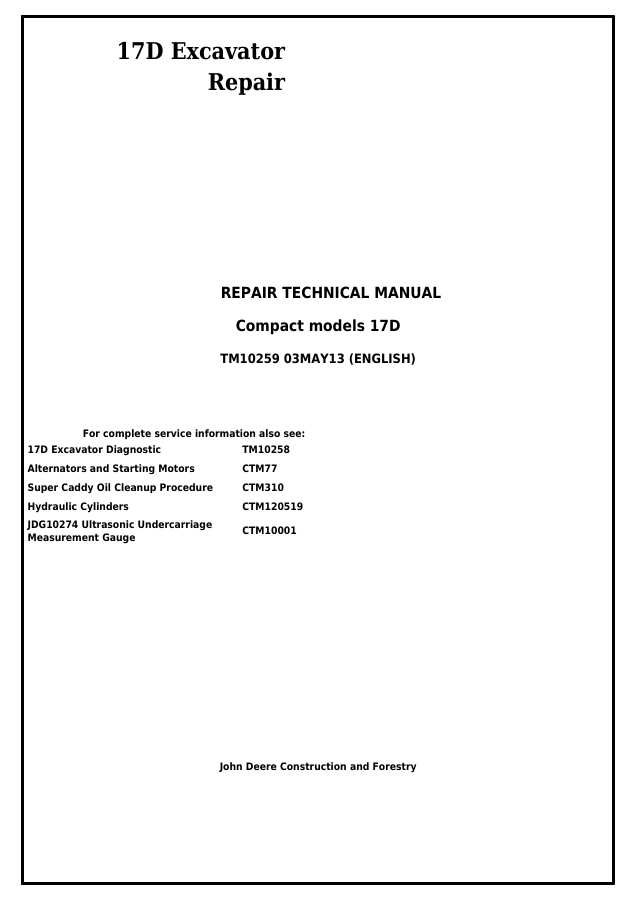 John Deere 17D Compact Excavator Repair Technical Manual (TM10259) — actual manual cover