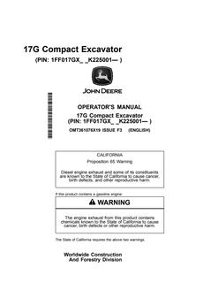 John Deere 17G Compact excavator Operator manual OMT361076X19 — actual manual cover