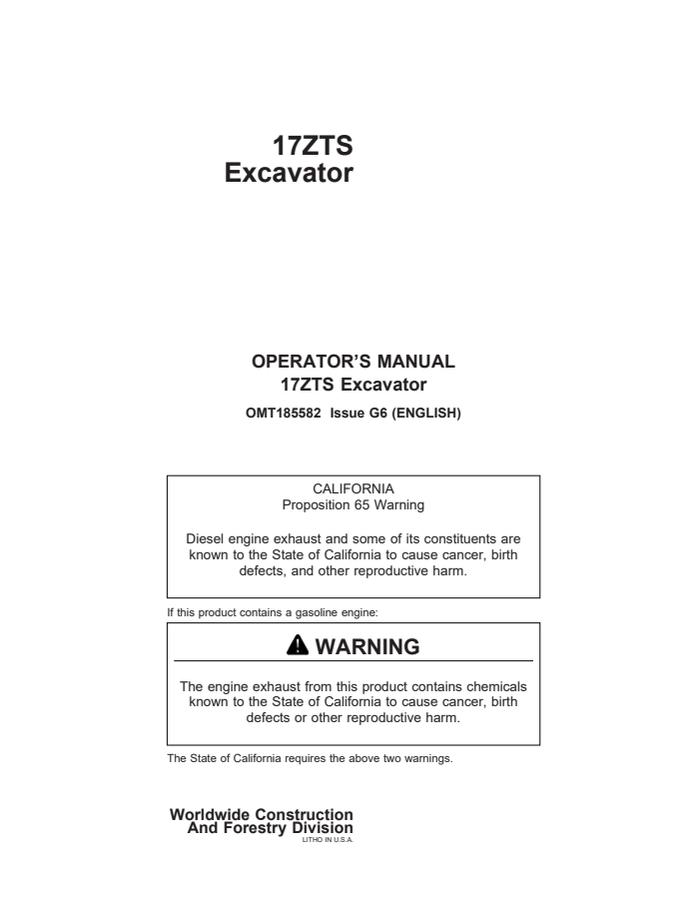 John Deere 17ZTS Excavator Operator manual OMT185582 — actual manual cover