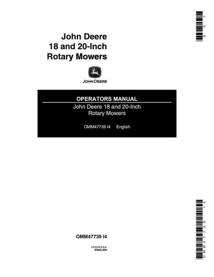 John Deere 18 and 20-Inch Rotary mower Operator manual OMM47739 — actual manual cover