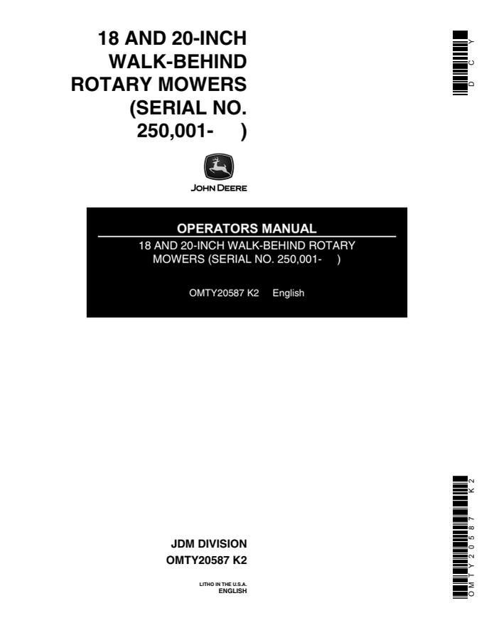 John Deere 18 and 20-Inch Walk-behind rotary mower Operator manual OMTY20587 — actual manual cover