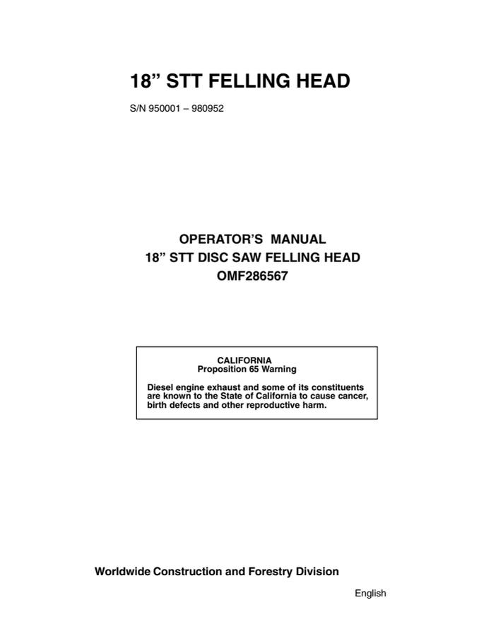 John Deere 18-inch STT Felling head Operator manual OMF286567 — actual manual cover