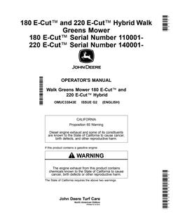 John Deere 180, 220 Walk Greens Mower Operator Manual OMUC33543E — actual manual cover