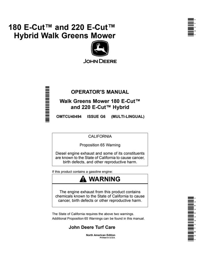 John Deere 180 E-Cut, 220 E-Cut Hybrid Walk greens mower Operator manual OMTCU40494 — actual manual cover