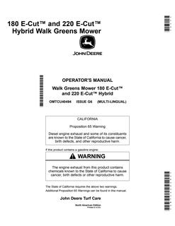 John Deere 180 E-Cut, 220 E-Cut Hybrid Walk greens mower Operator manual OMTCU40494 — actual manual cover