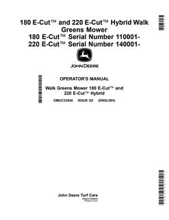 John Deere 180 E-Cut, 220 E-Cut Hybrid Walk greens mower Operator manual OMUC33545 — actual manual cover