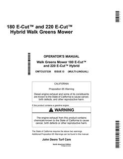 John Deere 180 E-Cut, 220 E-Cut Hybrid Walk greens mower Operator's manual OMTCU37339 — actual manual cover