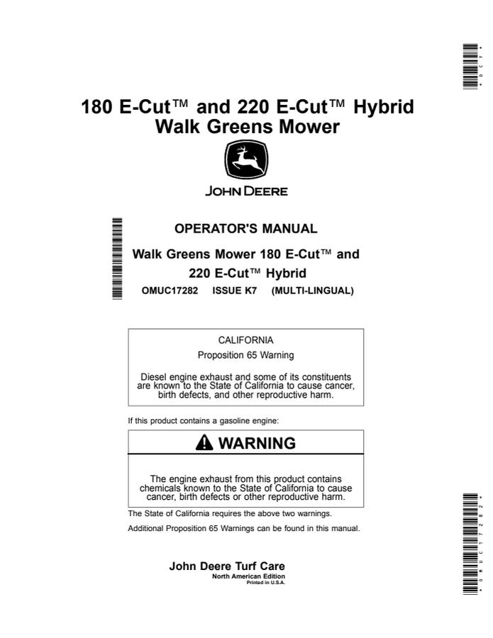 John Deere 180 E-Cut and 220 E-Cut Hybrid Walk Greens Mowers Operator manual — actual manual cover