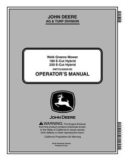 John Deere 180 E-Cut Hybrid, 220 E-Cut Hybrid Walk greens mower Operator manual OMTCU32639 — actual manual cover