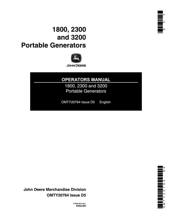 John Deere 1800, 2300, 3200 Portable generator Operator manual OMTY20764 — actual manual cover