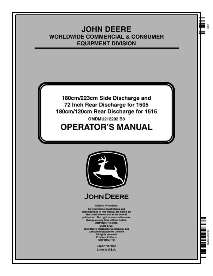 John Deere 180cm/223cm Side and 72-Inch Rear for 1505; 180cm/120cm Rear for 1515 Mower attachment Operator manual OMDMU212202 — actual manual cover