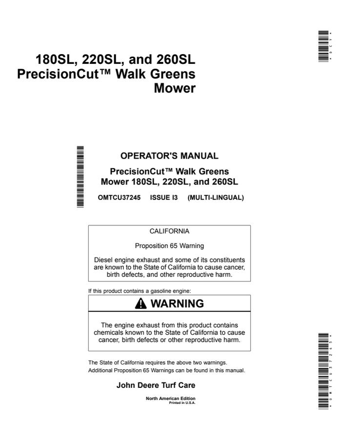 John Deere 180SL, 220SL, 260SL PrecisionCut Walk greens mower Operator manual OMTCU37245 — actual manual cover