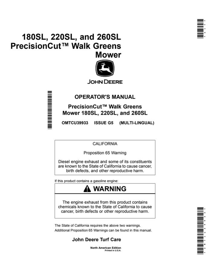 John Deere 180SL, 220SL, 260SL PrecisionCut Walk greens mower Operator manual OMTCU39933 — actual manual cover