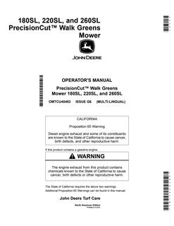 John Deere 180SL, 220SL, 260SL PrecisionCut Walk greens mower Operator manual OMTCU40493 — actual manual cover