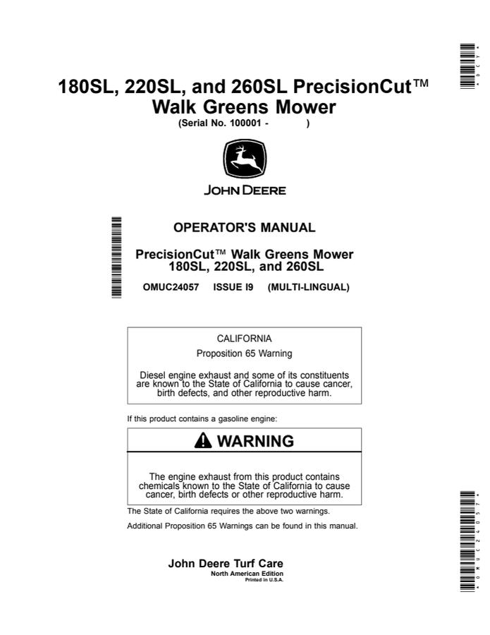 John Deere 180SL, 220SL, 260SL PrecisionCut Walk greens mower Operator manual OMUC24057 — actual manual cover