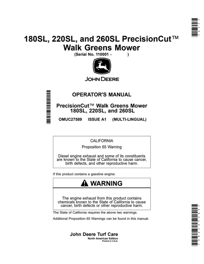 John Deere 180SL, 220SL, 260SL PrecisionCut Walk greens mower Operator manual OMUC27589 — actual manual cover