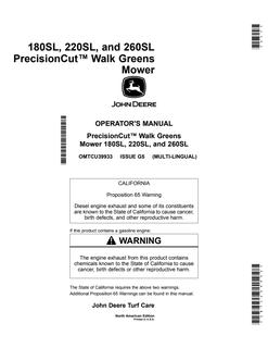 John Deere 180SL, 220SL, 260SL Walk Greens Mower Operator Manual OMTCU39933 — actual manual cover