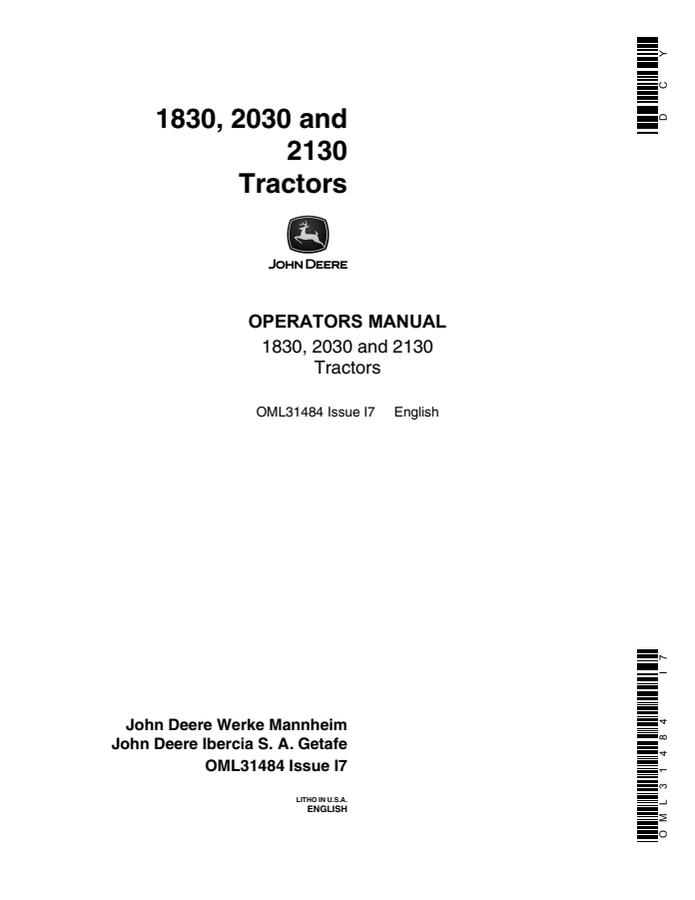 John Deere 1830, 2030 and 2130 Tractors Operator's Manual — actual manual cover