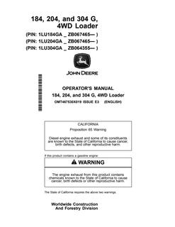 John Deere 184 G, 204 G, 304 G 4WD loader Operator's manual OMT467530X019 — actual manual cover