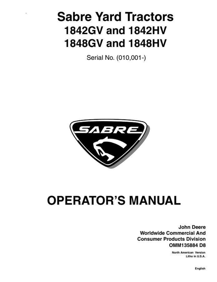 John Deere 1842GV, 1842HV, 1848GV, 1848HV Yard tractor Operator Manual OMM135884 — actual manual cover