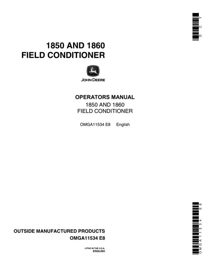 John Deere 1850 and 1860 Field Conditioners Operators manual — actual manual cover
