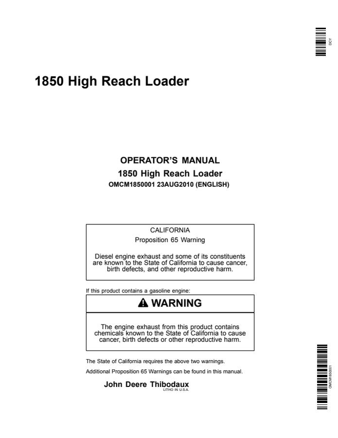 John Deere 1850 High-reach loader Operator manual OMCM1850001 — actual manual cover
