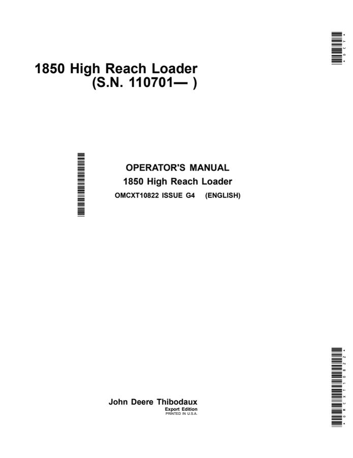 John Deere 1850 High Reach Loader Operator's Manual — actual manual cover