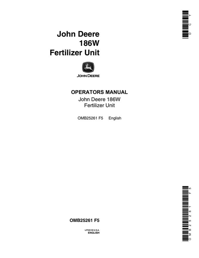 John Deere 186W Fertilizer unit Operator manual OMB25261 — actual manual cover