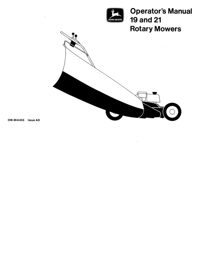 John Deere 19, 21 Rotary mower Operator manual OM-M44455 — actual manual cover
