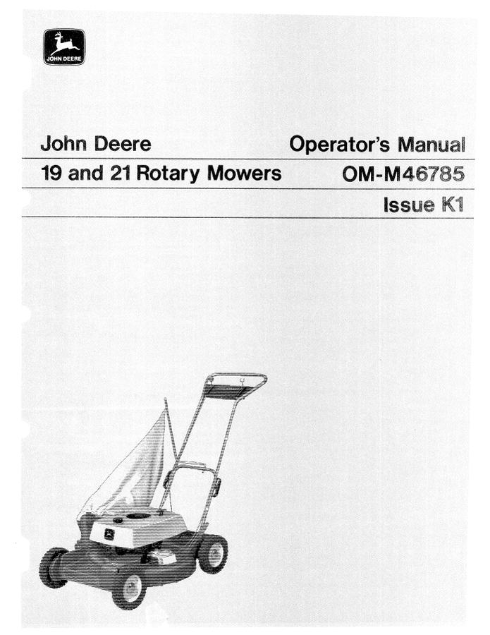 John Deere 19, 21 Rotary mower Operator manual OM-M46785 — actual manual cover