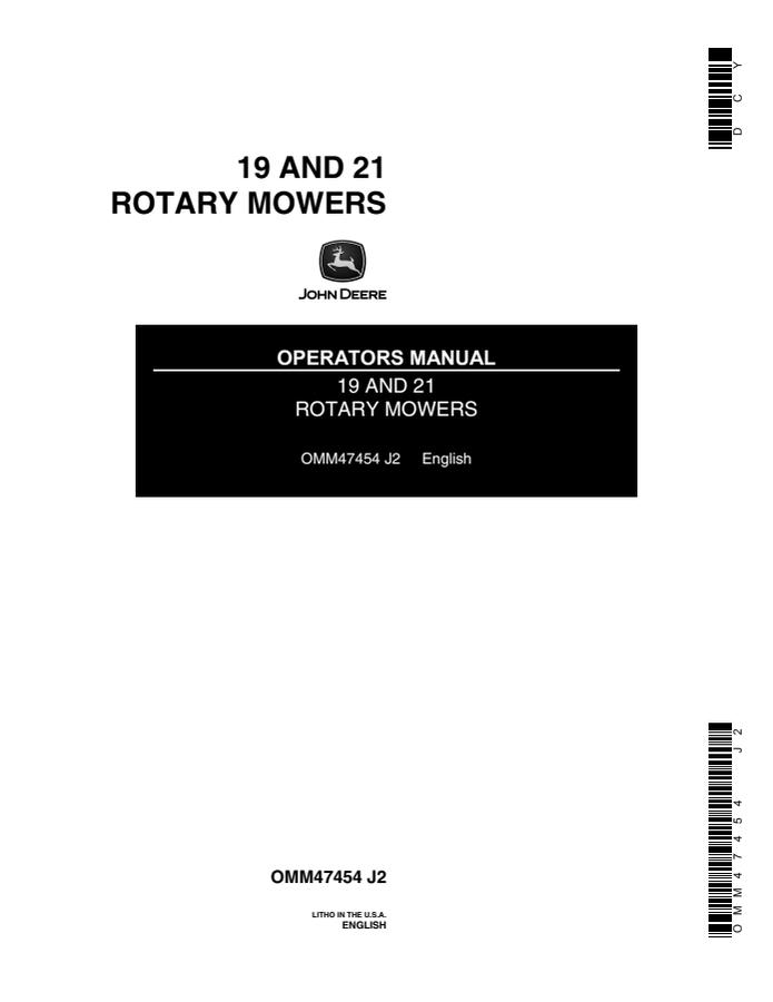 John Deere 19, 21 Rotary mower Operator manual OMM47454 — actual manual cover