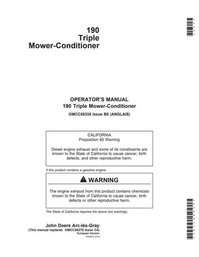 John Deere 190 Triple Mower-conditioner Operator manual OMCC58335 — actual manual cover