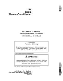 John Deere 190 Triple Mower-conditioner Operator manual OMCC58335 — actual manual cover