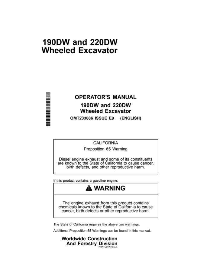 John Deere 190DW, 220DW Wheeled excavator Operator manual OMT233886 — actual manual cover