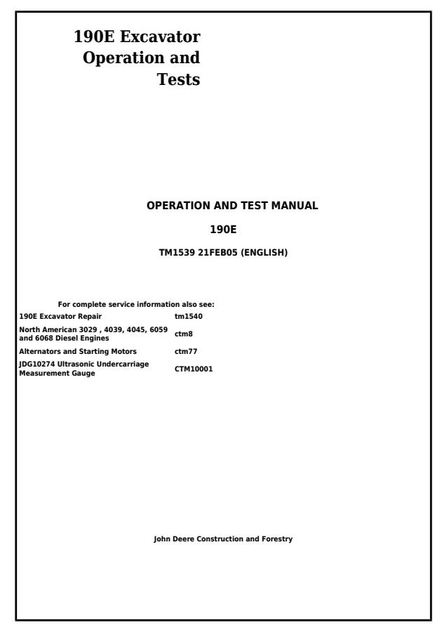 John Deere 190E Excavator Operation and Tests Manual — actual manual cover