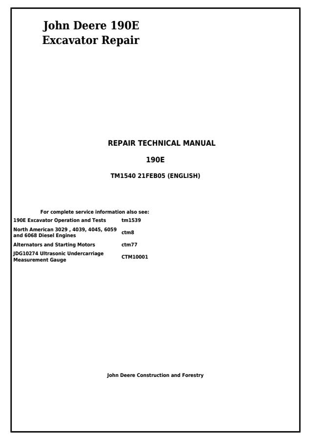 John Deere 190E Excavator Repair Manual — actual manual cover