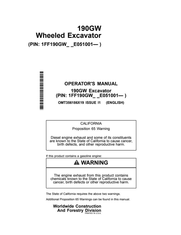 John Deere 190GW Wheeled excavator Operator manual OMT356186X19 — actual manual cover