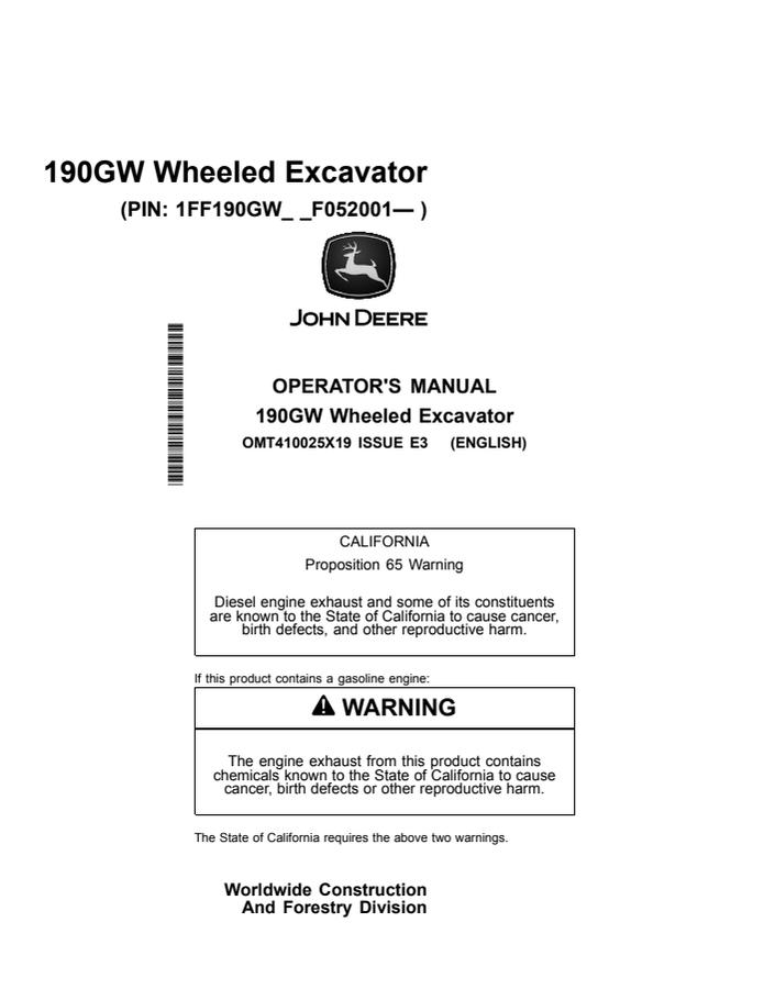 John Deere 190GW Wheeled excavator Operator manual OMT410025X19 — actual manual cover