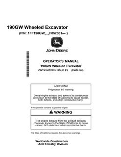 John Deere 190GW Wheeled excavator Operator manual OMT410025X19 — actual manual cover