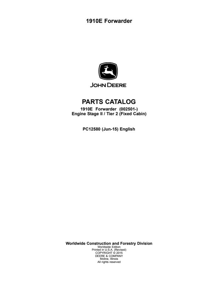 John Deere 1910E Forwarder Parts Catalog — actual manual cover