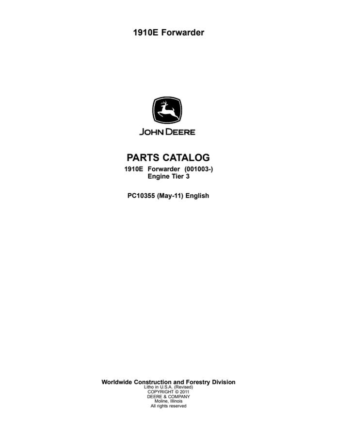 John Deere 1910E Forwarder Parts Catalog — actual manual cover