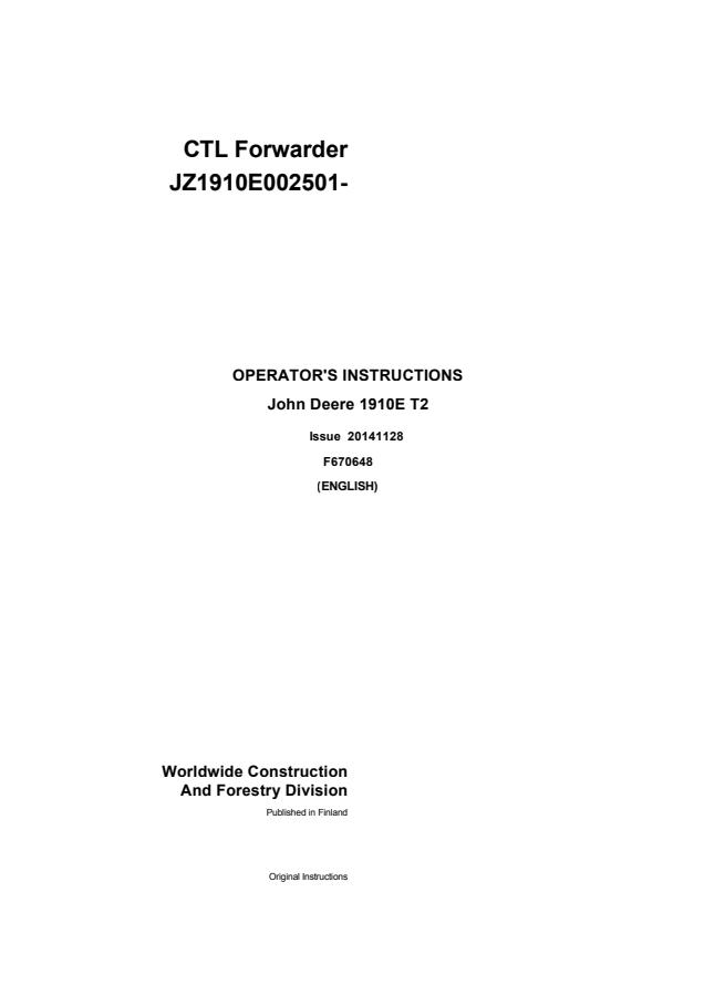 John Deere 1910E Tier 2 CTL Forwarder Operator instructions F670648 — actual manual cover