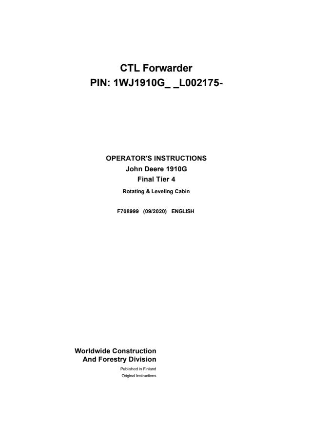 John Deere 1910G Final Tier 4 CTL Forwarder Operator’s instructions — actual manual cover