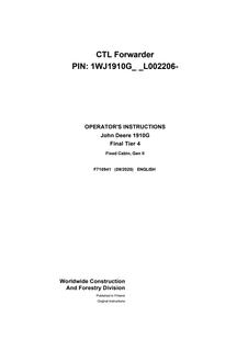 John Deere 1910G Final Tier 4 CTL Forwarder Operator’s instructions — actual manual cover