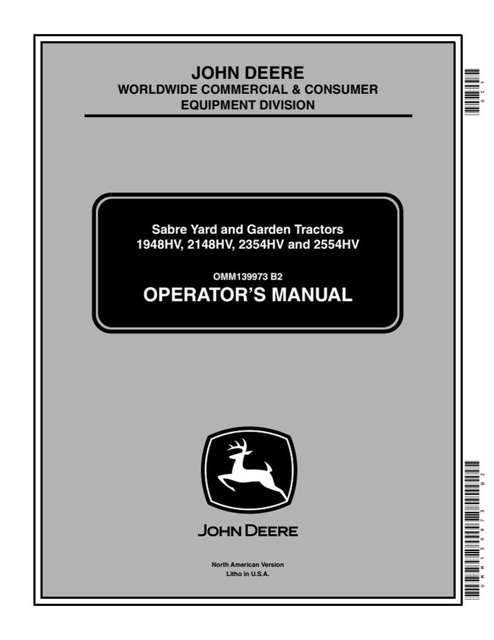 John Deere 1948HV, 2148HV, 2354HV, 2554HV Yard and garden tractor Operator Manual OMM139973 — actual manual cover