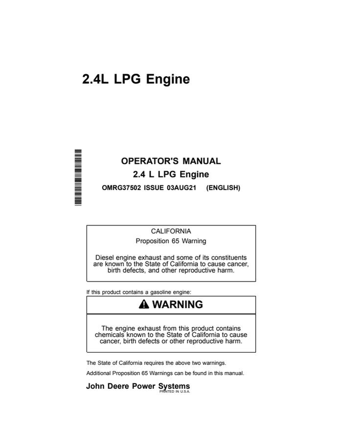 John Deere 2.4 L LPG engine Operator manual OMRG37502 — actual manual cover